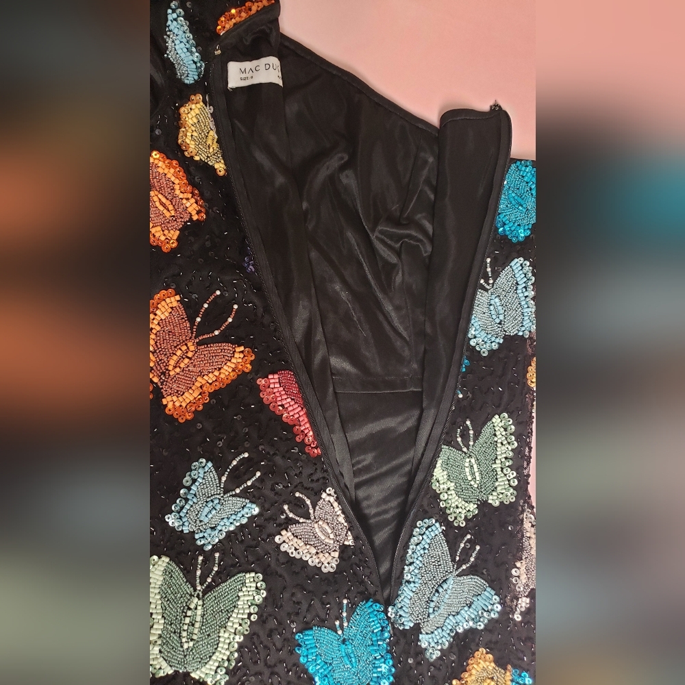 Mac Duggal Black One-Shoulder Mini Dress with Multicolor Butterfly Motif - Picture 4 of 5